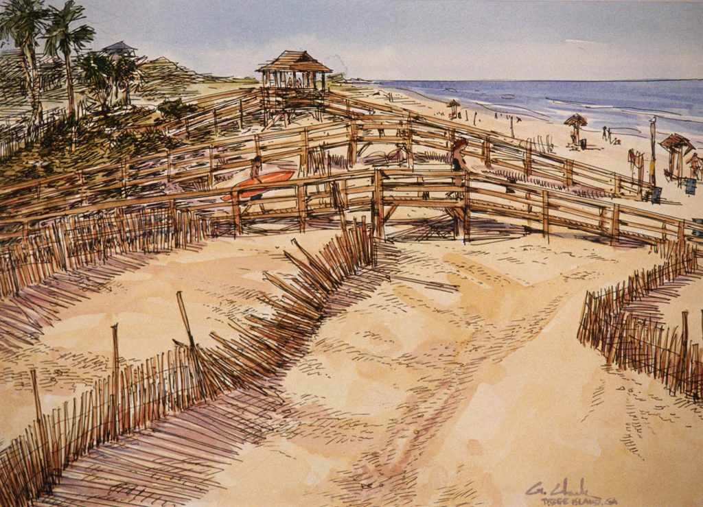 DUNE BOARDWALKS, TYBEE ISLAND, GEORGIA - 10 x 14 inch ink and watercolor by George C. Clark